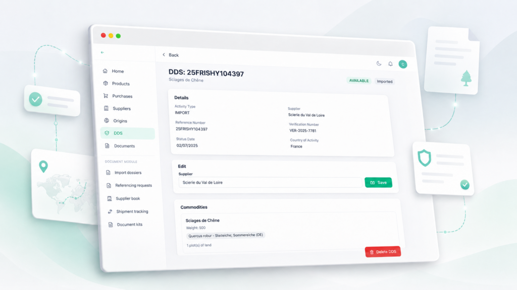 Interface Supply Logica illustrant la soumission RDUE et la gestion diligence raisonnée